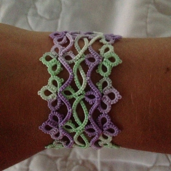 Handmade, shuttle tatted lace bracelet in purple and green