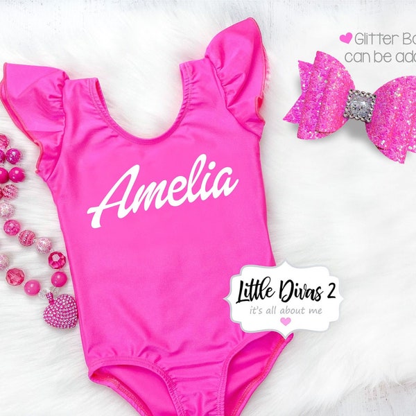 Custom Name - (Neon Pink ) Flutter Sleeve Leotard, Great for Birthday Parties, Photo Shoots...