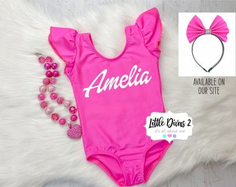 Custom Name - (Neon Pink ) Flutter Sleeve Leotard, Great for Birthday Parties, Photo Shoots...(Leotard Only)