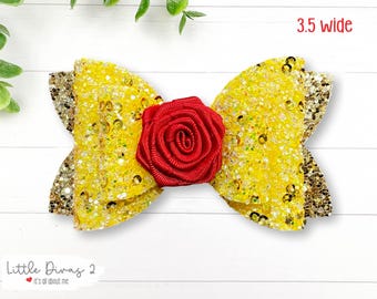 Yellow Glitter Hair Bow with Red Rose – Princess Costume