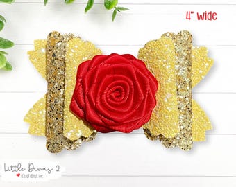 Yellow Bow/Red Rose Hair bow- Perfect for Birthdays, Photo Shoots, or just being cute.. Glitter (1-bow) Princess Bow