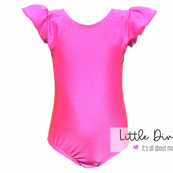 Neon Pink Leotard-Spandex/Nylon-SHINY  Child) Flutter/Ruffle Sleeve Leotard-Dance-Ballet-Hip Hop-Gymnastics