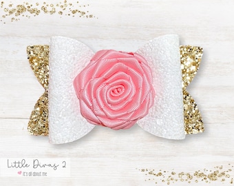 Baby Pink Rose Hair Bow – Gold Glitter, Newborn Headband or Clip