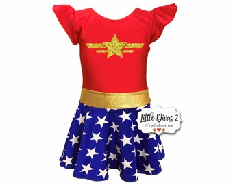 Star Girl-  Red Flutter Sleeve Leotard & Royal Star Skirt (Child) Costume