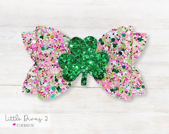 Shamrock Hair Bow – Pink Confetti Glitter, St. Patrick's Day Clip