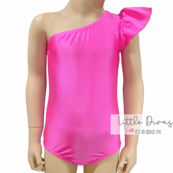 Neon Pink Leotard-Spandex/Nylon-SHINY  (Child) One Shoulder Flutter/Ruffle Sleeve Leotard-Dance-Ballet-Birthday Parties...