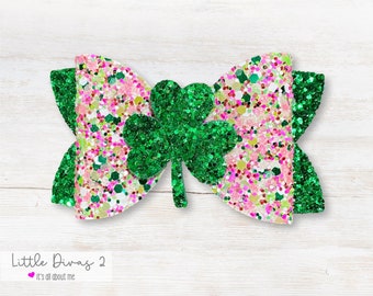 Shamrock Hair Bow - Green Glitter & Pink Bow, St. Patrick's Day