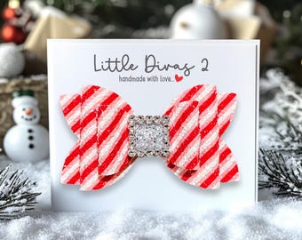 Candy Cane Stripe Hair Bow – Holiday Glitter Alligator Clip