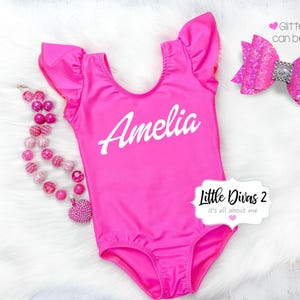Custom Name - (Neon Pink ) Flutter Sleeve Leotard, Great for Birthday Parties, Photo Shoots...(Leotard Only)
