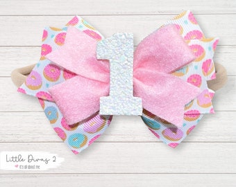 Donut Birthday Bow – Glitter Number Hair Clip or Headband