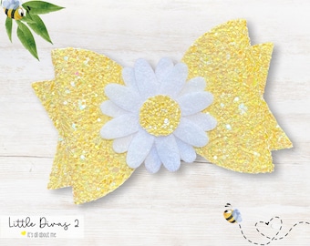 Daisy Hair Bow - Yellow Glitter Bow, Baby Headband or Clip