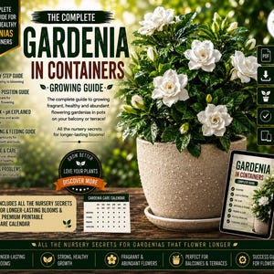 May include: A digital guide titled The Complete Gardenia in Containers featuring a potted gardenia plant with white flowers and dark green leaves. The graphic includes text, icons for care instructions, a printable calendar, and a tablet display.