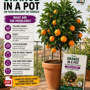 May include: A potted orange tree with several ripe oranges is shown. The image includes a guide titled "Orange in a Pot" and text detailing common problems like yellow leaves and pests. The guide promises an abundant harvest. The pot is terracotta.