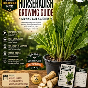 Könnte beinhalten: Ein digitaler Ratgeber mit dem Titel The Complete Horseradish Growing Guide, der eine Meerrettichpflanze im Topf, geschnittene Meerrettichwurzeln und einen druckbaren Pflegekalender zeigt. Der Text enthält Abschnitte zu Licht, Wasser, Boden und Schädlingen.