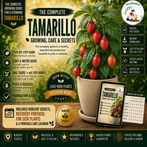 May include: A digital guide titled The Complete Tamarillo Growing, Care & Secrets, featuring a potted tamarillo plant with red fruit, a step-by-step guide, soil and light instructions, pest prevention, and a printable care calendar for home gardening.