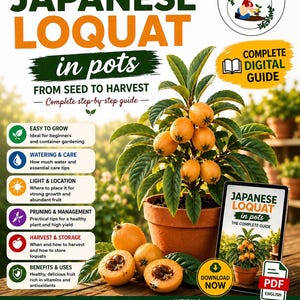 May include: A digital guide titled GROW YOUR OWN JAPANESE LOQUAT in pots FROM SEED TO HARVEST. The image features a potted loquat tree with orange fruit, a tablet displaying the guide, and text detailing care, watering, and harvest instructions.
