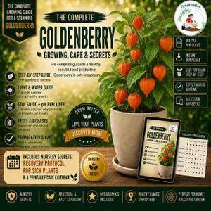 Könnte beinhalten: Ein digitaler Ratgeber mit dem Titel The Complete Goldenberry Growing, Care & Secrets mit Text zu Anbau, Boden und Schädlingsbekämpfung. Das Bild zeigt eine getopfte Kapstachelbeere mit orangefarbenen Hüllen und ein Tablet.