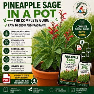 Puede incluir: Una guía para cultivar salvia piña en maceta. La imagen muestra una planta en maceta con flores rojas y hojas verdes. La guía está disponible en formato PDF e incluye consejos sobre cultivo, riego y luz.