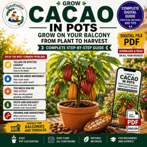 May include: A digital guide titled Grow Cacao in Pots, featuring a potted cacao plant with red and yellow pods. The graphic includes text about balcony cultivation, troubleshooting common plant issues, and a smartphone displaying the PDF guide.