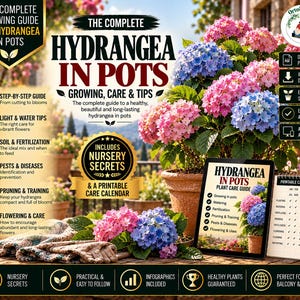 以下が含まれることがあります： The Complete Hydrangea in Potsと題されたデジタルガイドで、栽培と手入れに関するテキストが記載されています。画像には、テラコッタの鉢に入ったピンクと青のアジサイ、植物ケアガイドのタブレット、印刷可能なケアカレンダーが表示されています。