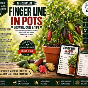 May include: A digital guide titled The Complete Finger Lime In Pots featuring a potted finger lime tree with red and green fruits, a tablet displaying a plant care guide, and a printable care calendar on a wooden surface with text.