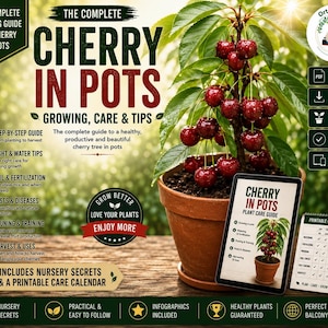 May include: A digital guide titled The Complete Cherry in Pots featuring a cherry tree in a terracotta pot, a tablet displaying the plant care guide, and a printable care calendar. The text includes growing, care, and tips for cherry trees.