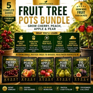Può includere: Un pacchetto digitale di cinque guide complete intitolato Fruit Tree Pots Bundle di Ortopratico, contenente istruzioni per coltivare ciliegi, peschi, meli, peri e fichi in vaso, inclusi il controllo dei parassiti e le tecniche di potatura.