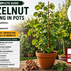 May include: A digital guide titled THE COMPLETE GUIDE HAZELNUT GROWING IN POTS featuring a potted hazelnut plant with green leaves and nuts, a small basket of harvested hazelnuts, and text detailing growing benefits and download instructions.