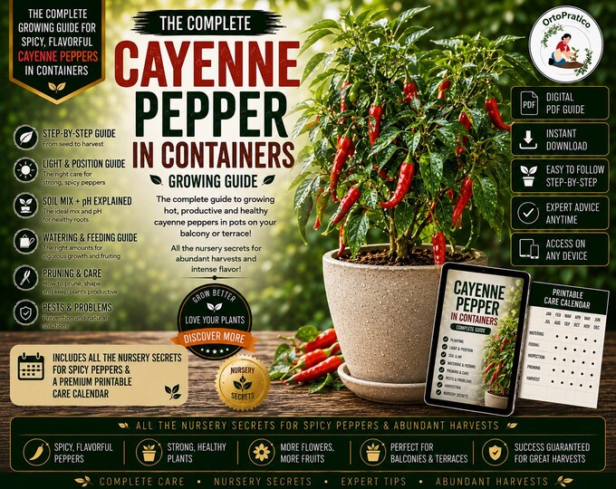 Cayenne Pepper Growing Guide | Complete Container Gardening PDF Grow from Seed to Harvest | Printable Care Calendar, Infographics &  Secrets