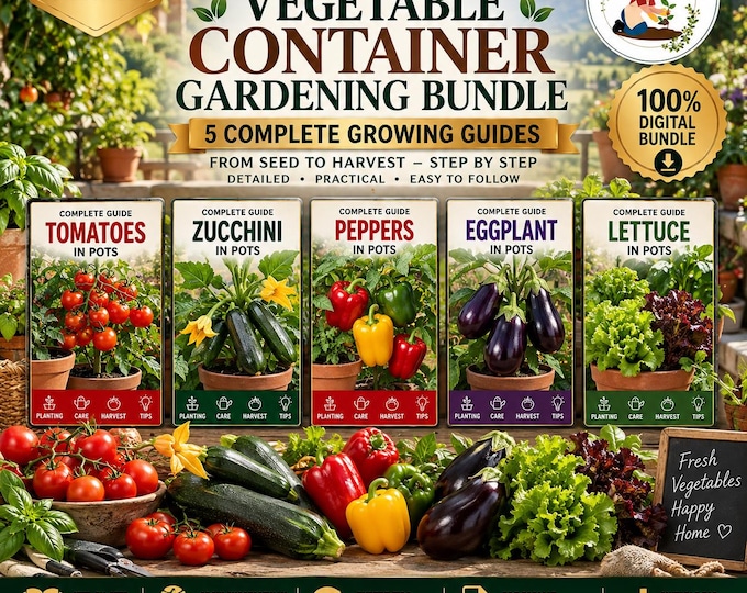 Vegetable Container Gardening Bundle | 5 Vegetable Growing Guides | Tomato, Zucchini, Pepper, Eggplant & Lettuce | Digital PDF