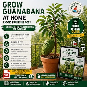 Può includere: Immagine che promuove una guida digitale sulla coltivazione della Guanabana a casa. Presenta una pianta di Guanabana in un vaso di terracotta, un tablet e uno smartphone che mostrano la copertina della guida. Il testo recita "Coltiva Guanabana a casa".