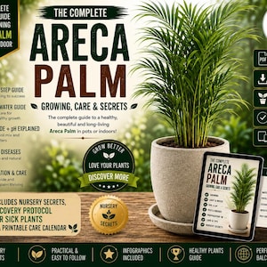 May include: A digital guide titled The Complete Areca Palm Growing, Care & Secrets, featuring a green Areca palm in a beige pot, a tablet displaying the guide cover, and a printable care calendar, with text detailing plant care instructions.