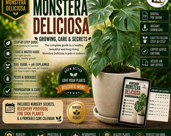 Monstera Deliciosa Care Guide PDF | Complete Growing Guide | Propagation, Repotting, Indoor Plant Care, Infographics & 18-Page Plant Journal