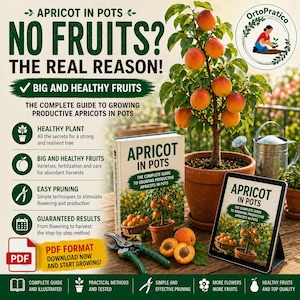 May include: A potted apricot tree with ripe, orange apricots. The image includes a book and a tablet, both titled "Apricot in Pots," offering a guide to growing apricots. The text highlights key aspects like healthy plants and guaranteed results. The book is in cm.