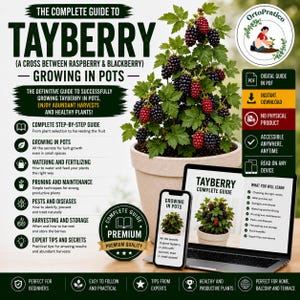 May include: A digital guide titled The Complete Guide to Tayberry Growing in Pots, featuring a potted tayberry plant with red and black berries, displayed on a laptop and smartphone screen alongside text detailing plant care, pruning, and harvesting.