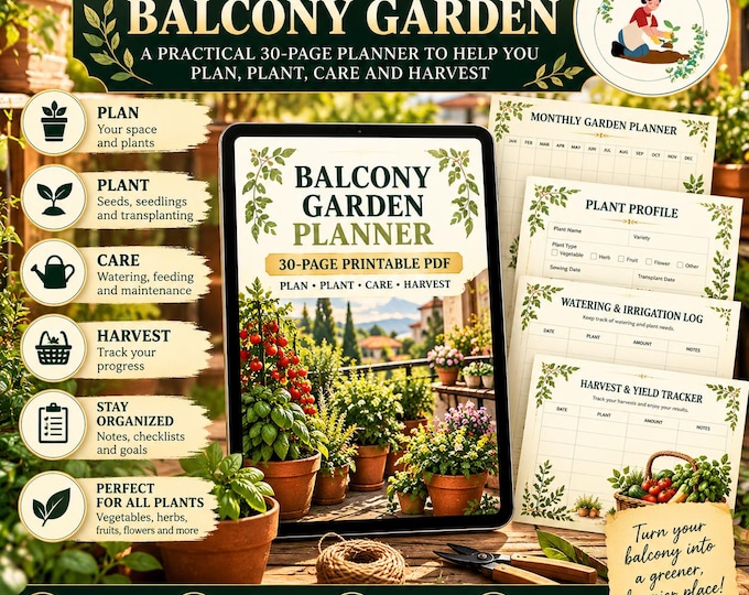 Balcony Garden Planner Printable PDF | 30 Page Container Gardening Journal | Planting, Watering & Harvest Tracker