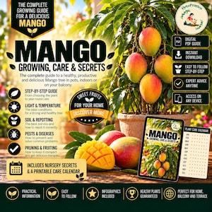 May include: A digital guide titled The Complete Growing Guide for a Delicious Mango, featuring text on mango care, a plant care calendar, and icons for step-by-step instructions. The image displays a potted mango tree with ripe fruit.