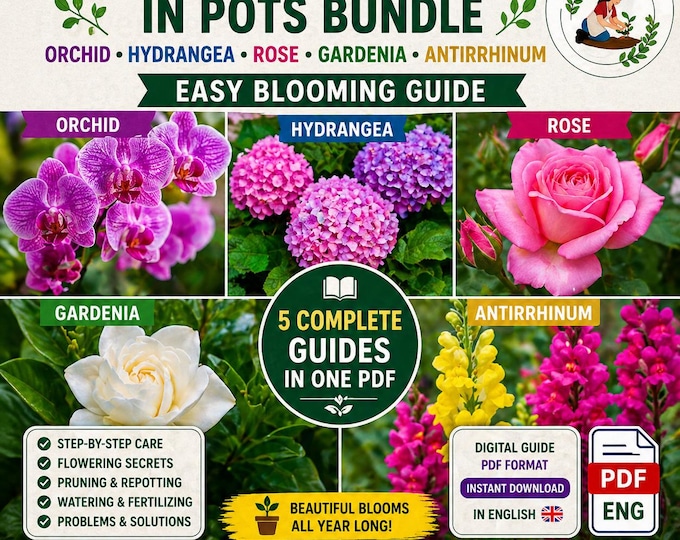 Flowering Plants in Pots Bundle | Orchid Hydrangea Rose Gardenia Antirrhinum Care Guides | Indoor Blooming Plants PDF
