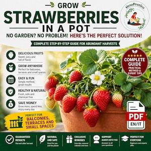 Può includere: Un vaso di terracotta traboccante di fragole rosse mature e foglie verdi. L'immagine include il testo che recita "Coltiva fragole in vaso" ed evidenzia vantaggi come frutti deliziosi e facile coltivazione.
