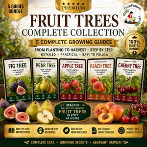Può includere: Un pacchetto digitale di 5 guide alla coltivazione di alberi da frutto con il testo: 5 GUIDES BUNDLE, FRUIT TREES COMPLETE COLLECTION, 5 COMPLETE GROWING GUIDES, FROM PLANTING TO HARVEST, MASTER THE ART OF GROWING FRUIT TREES IN POTS AT HOME, OrtoPratico.
