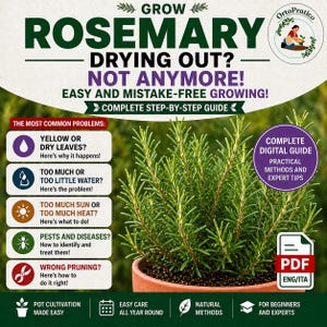 Könnte beinhalten: Ein lebendiges Bild einer gesunden Rosmarinpflanze in einem Terrakottatopf. Der Text lautet: „Rosmarin anbauen, Austrocknung? Nicht mehr!" und behandelt häufige Probleme. Ein digitaler Leitfaden wird ebenfalls beworben.