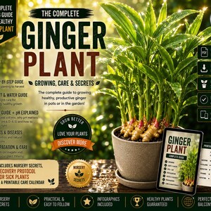 Può includere: Una guida digitale intitolata The Complete Ginger Plant Growing, Care & Secrets che mostra una pianta di zenzero in vaso con foglie verdi e rizomi esposti. La grafica include testo, icone, un calendario di cura stampabile e un tablet.
