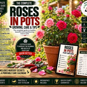 以下が含まれることがあります： 「The Complete Roses in Pots Growing, Care & Tips」と題されたデジタルガイド。ピンクと赤のバラが咲く鉢植え、植物ケアガイドを表示したタブレット、印刷可能なカレンダー、園芸用ハサミが木製の表面に置かれています。