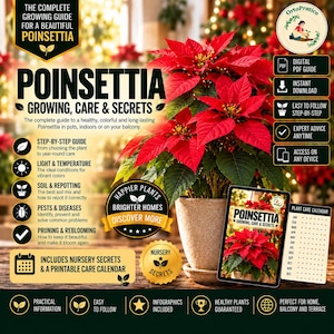 May include: A digital guide titled The Complete Growing Guide for a Beautiful Poinsettia, featuring text on care, light, soil, pests, and pruning. It includes a printable care calendar, icons for step-by-step instructions, and a vibrant red poinsettia plant in a beige pot.