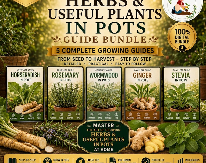 5 Herb Growing Guides Bundle PDF | Horseradish, Rosemary, Wormwood, Ginger,Stevia | Container Gardening & Plant Care