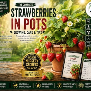 May include: A digital guide titled The Complete Strawberries in Pots Growing, Care & Tips, featuring a terracotta pot with a strawberry plant, a tablet displaying the guide, and a printable care calendar on a wooden surface with text.