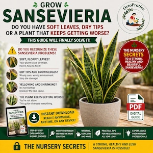 Può includere: Una guida digitale intitolata "Grow Sansevieria" con una pianta di serpente in un vaso. La guida affronta problemi comuni come foglie morbide e punte secche. Promette soluzioni per la cura delle piante, inclusi consigli su irrigazione, luce e terreno. La guida è disponibile per il download immediato.