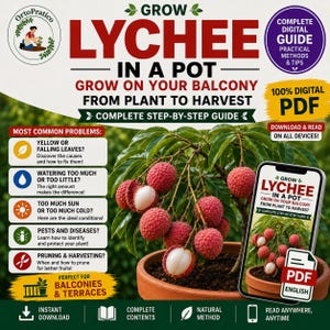Può includere: Una guida digitale intitolata "Coltivare il Litchi in Vaso" con istruzioni passo passo per il giardinaggio sul balcone. L'immagine presenta una pianta di litchi con frutti rossi, uno smartphone che mostra la guida e il testo "100% PDF digitale".