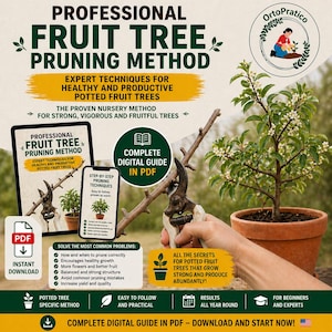 Op de afbeelding: Een promotieafbeelding voor een digitale gids over het snoeien van fruitbomen. De afbeelding bevat de tekst "Professional Fruit Tree Pruning Method" en "Expert Techniques for Healthy and Productive Potted Fruit Trees." Een fruitboom in pot wordt getoond met snoeischaar en een digitale gids.