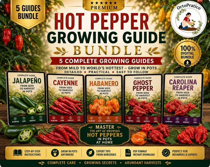 Hot Pepper Growing Guide Bundle | Jalapeño, Cayenne, Habanero, Ghost Pepper & Carolina Reaper | 5 Digital Guides for Growing Peppers in Pots